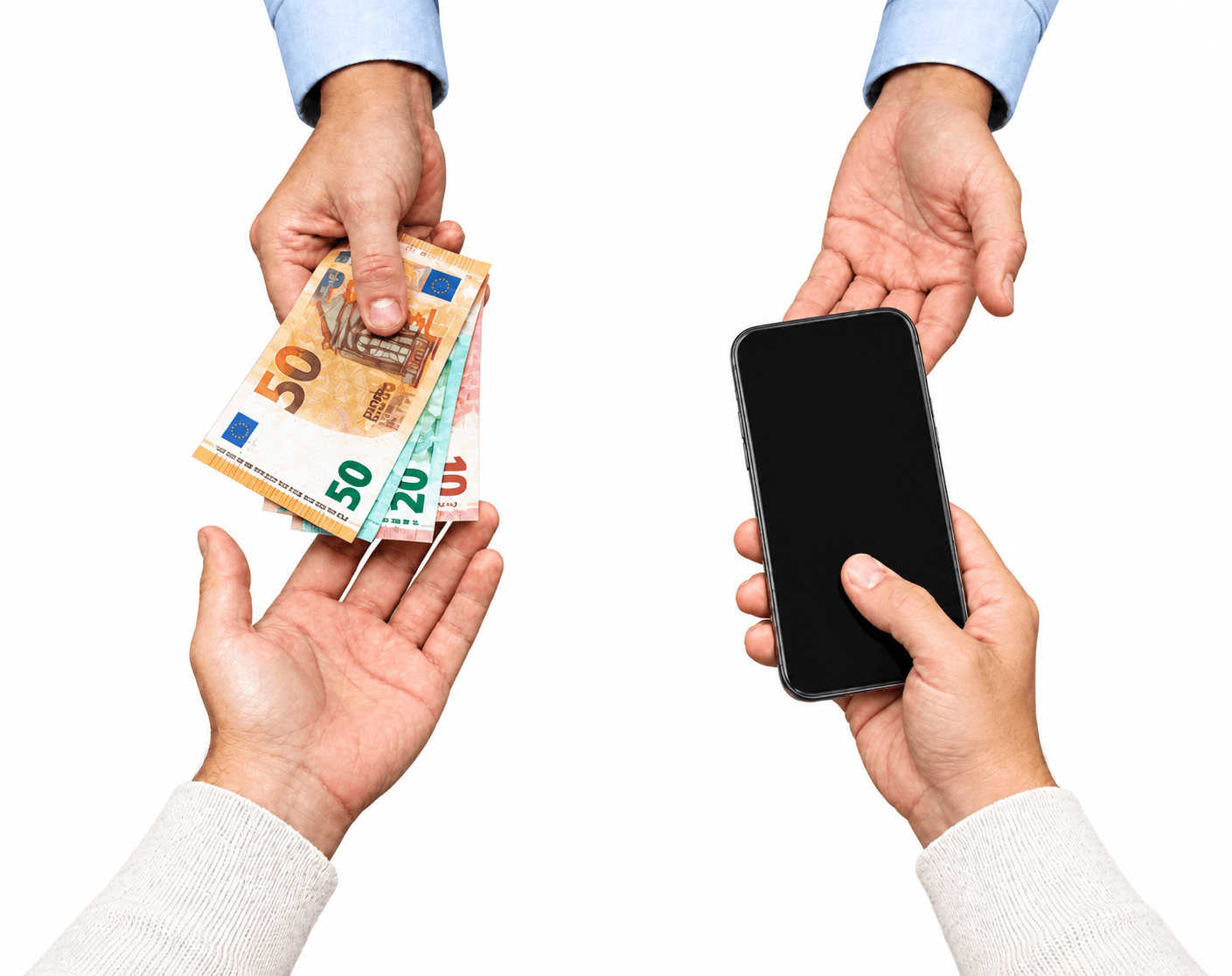 Hands exchanging a smartphone and euro banknotes