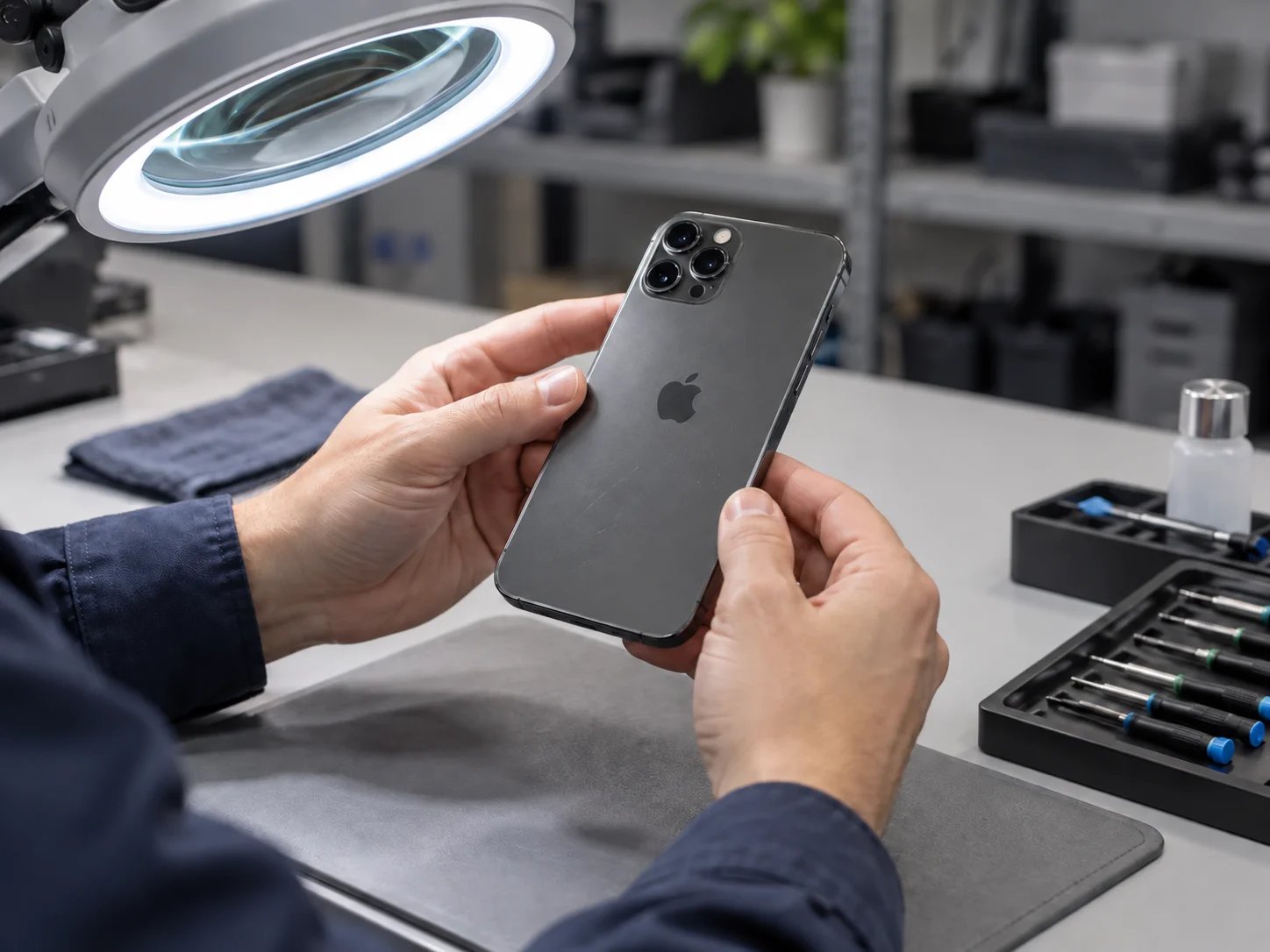 Technician inspecting a used phone under an illuminated magnifying lamp