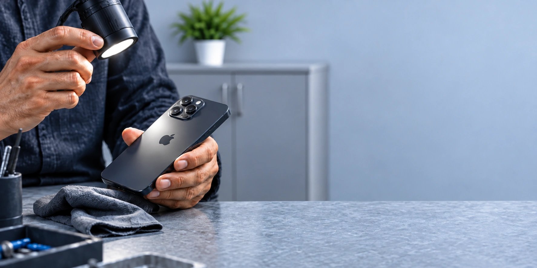 Technician inspecting a phone under neutral white light at a light blue-grey workbench