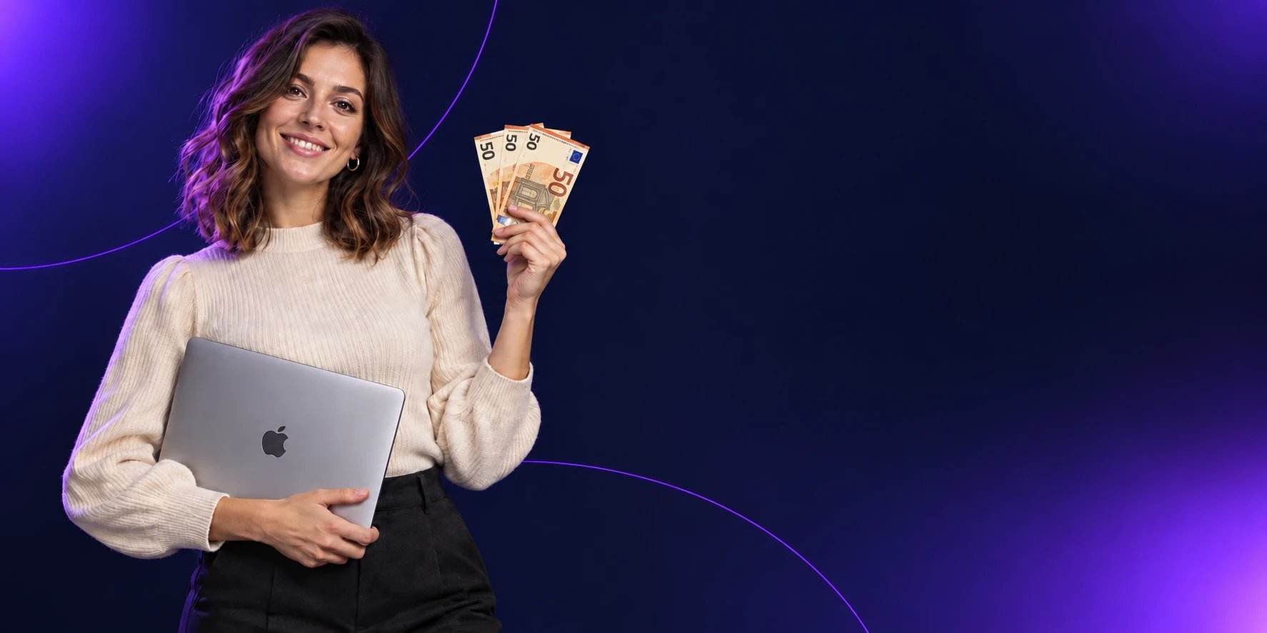 Woman holding a laptop and euro banknotes against a purple studio background