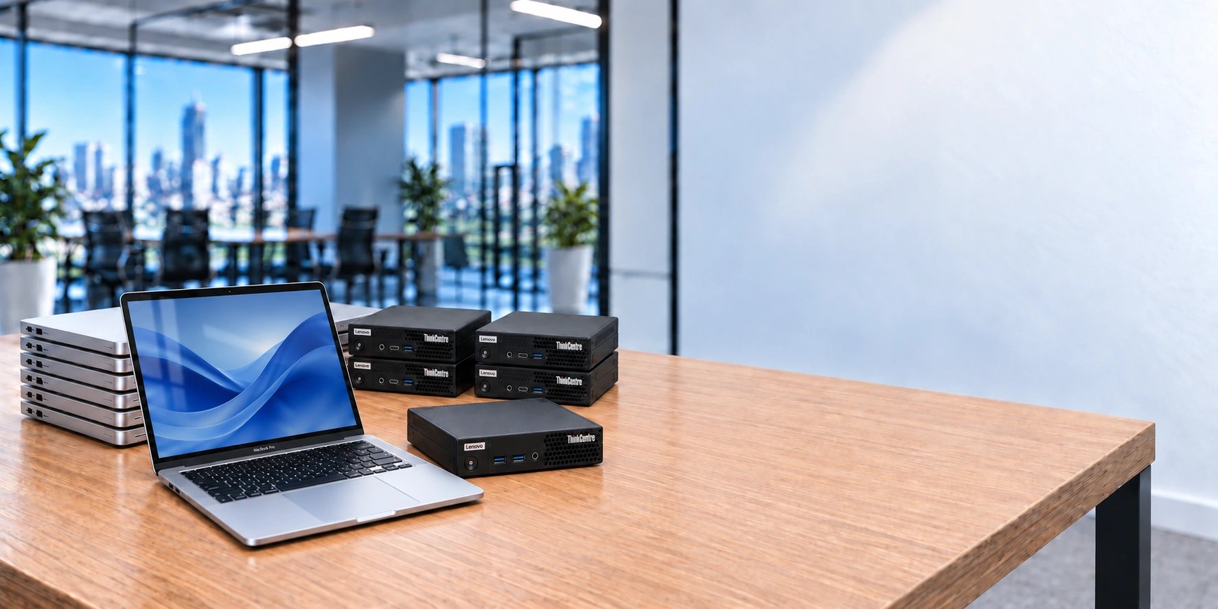 Open silver MacBook Pro, stacked laptops and Lenovo ThinkCentre mini PCs on a wooden office table